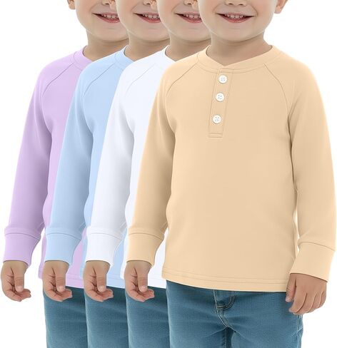 عبوة من 4 قمصان للأولاد بأكمام طويلة، تي شيرتات حرارية للفتيات من Henley للأطفال الصغار، قمصان كاجوال متماسكة للأطفال ملابس خريفية للجنسين in Kuwait