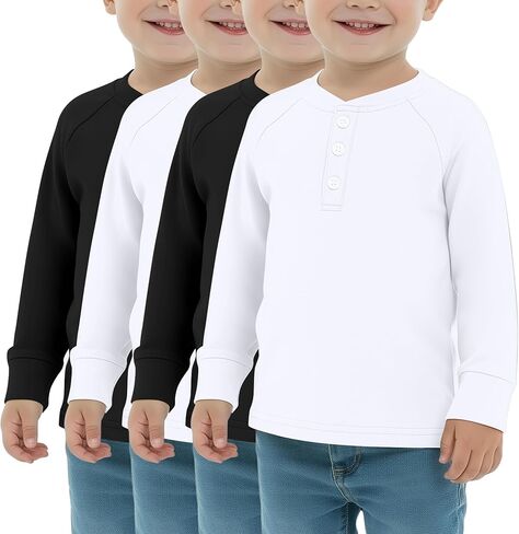 عبوة من 4 قمصان للأولاد بأكمام طويلة، تي شيرتات حرارية للفتيات من Henley للأطفال الصغار، قمصان كاجوال متماسكة للأطفال ملابس خريفية للجنسين in Kuwait