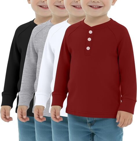 عبوة من 4 قمصان للأولاد بأكمام طويلة، تي شيرتات حرارية للفتيات من Henley للأطفال الصغار، قمصان كاجوال متماسكة للأطفال ملابس خريفية للجنسين in Kuwait