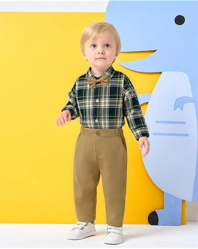 Baby Boy Clothes Baby Suits Set Infant Boys Outfits Long Sleeve Plaid Shirt+Pants+Bowtie+Beret Hat 4Pcs in Kuwait