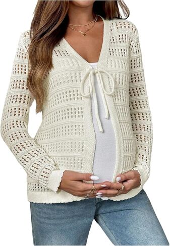 MakeMeChic Women's Maternity Cardigan Crochet Tie V Neck Long Sleeve Pregnancy Sweaters in Saudi Arabia