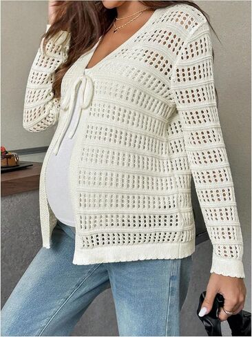 MakeMeChic Women's Maternity Cardigan Crochet Tie V Neck Long Sleeve Pregnancy Sweaters in Saudi Arabia