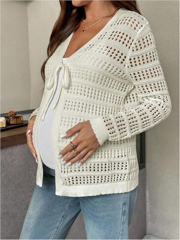 MakeMeChic Women's Maternity Cardigan Crochet Tie V Neck Long Sleeve Pregnancy Sweaters in Saudi Arabia