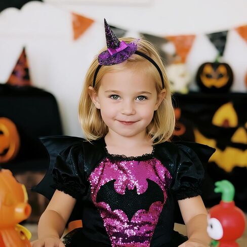 YanJie Halloween عقال للرضع قبعة ساحرة صغيرة عصابات رأس من النايلون اللامع مقاس 3 بوصة قبعات ساحرة مع قوس طفل أرجواني عصابة رأس قابلة للتمدد للفتيات الصغيرات in Kuwait