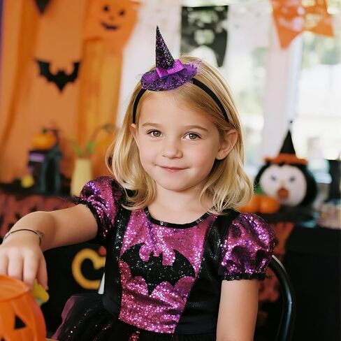 YanJie Halloween عقال للرضع قبعة ساحرة صغيرة عصابات رأس من النايلون اللامع مقاس 3 بوصة قبعات ساحرة مع قوس طفل أرجواني عصابة رأس قابلة للتمدد للفتيات الصغيرات in Kuwait