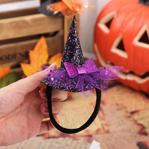 YanJie Halloween عقال للرضع قبعة ساحرة صغيرة عصابات رأس من النايلون اللامع مقاس 3 بوصة قبعات ساحرة مع قوس طفل أرجواني عصابة رأس قابلة للتمدد للفتيات الصغيرات in Kuwait