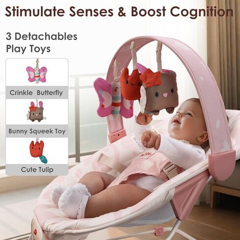 كرسي هزاز للأطفال - مقعد هزاز للأطفال، مقعد نطاط للرضع مع موسيقى وألعاب حسية، وسادة مقعد قابلة للغسل في الغسالة، مقعد داخلي للرضع، مثالي لحديثي الولادة من 0 إلى 6 أشهر، 20 رطلًا (زهري وردي) in Kuwait