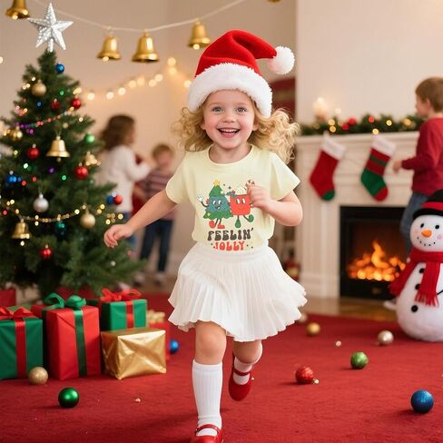 Toddler Christmas Shirt Girls Boys Christmas Tree Outfit Kids Xmas Tee Feelin' Jolly Holiday Short Sleeve Tops in Kuwait