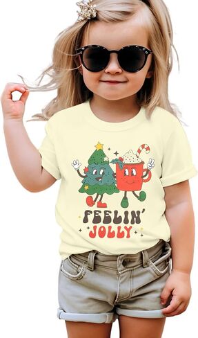 Toddler Christmas Shirt Girls Boys Christmas Tree Outfit Kids Xmas Tee Feelin' Jolly Holiday Short Sleeve Tops in Kuwait