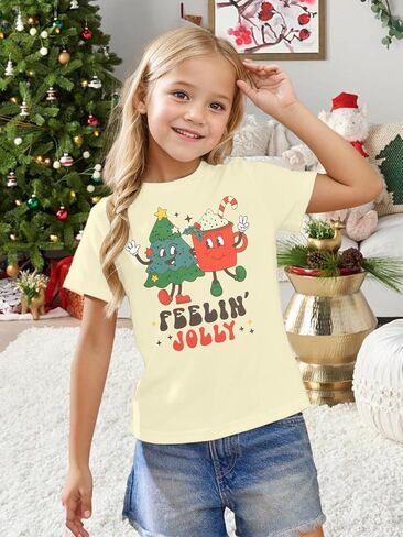 Toddler Christmas Shirt Girls Boys Christmas Tree Outfit Kids Xmas Tee Feelin' Jolly Holiday Short Sleeve Tops in Kuwait