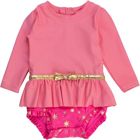 RuffleButts Baby Girls UPF50+ Princess Long Sleeve Bow Skirted One Piece Swimsuit in Saudi Arabia