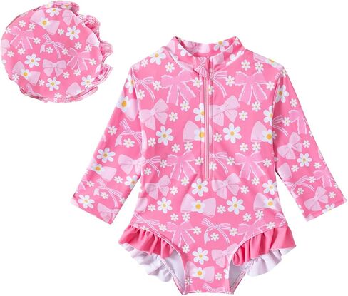 Baby Girls Long Sleeve One Piece Rash Guard Swimsuit with Hat Bathing Suit Beach Wear 0-2T in Kuwait