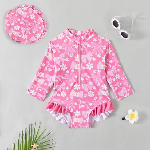 Baby Girls Long Sleeve One Piece Rash Guard Swimsuit with Hat Bathing Suit Beach Wear 0-2T in Kuwait