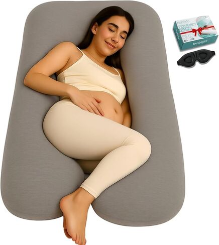 U-Shaped Pregnancy Pillow – 100% Cotton Cover, Full Body Maternity Support for Belly, Back and Legs – Bonus Eye Mask and Gift Box (Dark Grey) in Saudi Arabia