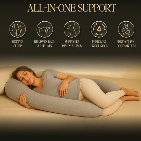 U-Shaped Pregnancy Pillow – 100% Cotton Cover, Full Body Maternity Support for Belly, Back and Legs – Bonus Eye Mask and Gift Box (Dark Grey) in Saudi Arabia