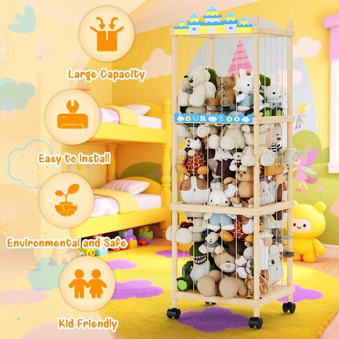 Stuffed Animal Storage and Holder - Large Size Wooden Animals Zoo Toy Organizer with Elastic Bands, Swivel Wheels and Castle Stickers, For Toddler Rooms, Playrooms, Bedrooms(58x16x16inch) in Saudi Arabia
