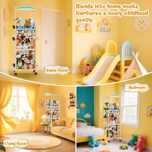 Stuffed Animal Storage and Holder - Large Size Wooden Animals Zoo Toy Organizer with Elastic Bands, Swivel Wheels and Castle Stickers, For Toddler Rooms, Playrooms, Bedrooms(58x16x16inch) in Saudi Arabia