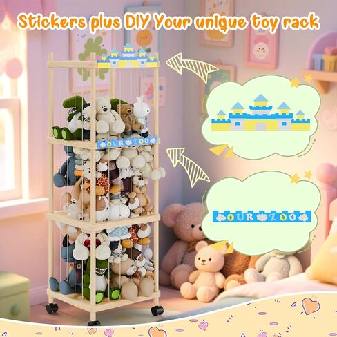 Stuffed Animal Storage and Holder - Large Size Wooden Animals Zoo Toy Organizer with Elastic Bands, Swivel Wheels and Castle Stickers, For Toddler Rooms, Playrooms, Bedrooms(58x16x16inch) in Saudi Arabia