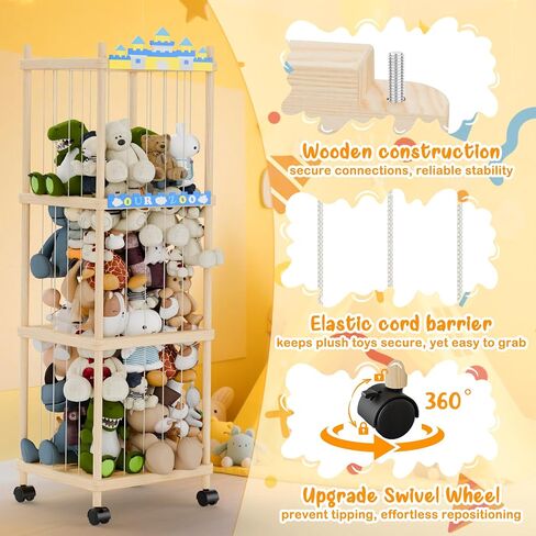 Stuffed Animal Storage and Holder - Large Size Wooden Animals Zoo Toy Organizer with Elastic Bands, Swivel Wheels and Castle Stickers, For Toddler Rooms, Playrooms, Bedrooms(58x16x16inch) in Saudi Arabia