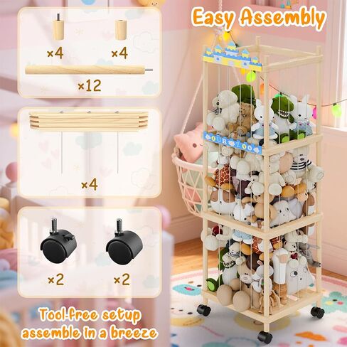 Stuffed Animal Storage and Holder - Large Size Wooden Animals Zoo Toy Organizer with Elastic Bands, Swivel Wheels and Castle Stickers, For Toddler Rooms, Playrooms, Bedrooms(58x16x16inch) in Saudi Arabia
