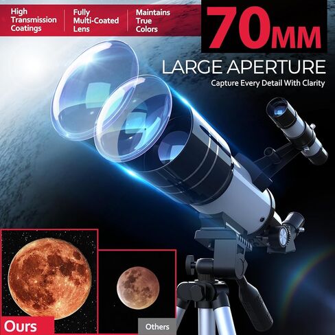 Telescope for Beginners & Kids, 70mm Aperture Refractor Astronomy Telescope with 300mm Focal Length, 15X-150X Magnification, Includes Full Accessory Kit & Tripod, Phone Adapter, Wireless Remote in Saudi Arabia