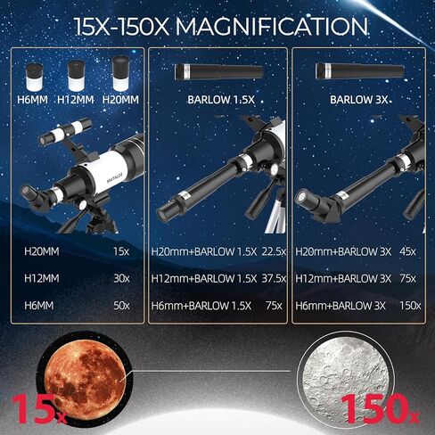 Telescope for Beginners & Kids, 70mm Aperture Refractor Astronomy Telescope with 300mm Focal Length, 15X-150X Magnification, Includes Full Accessory Kit & Tripod, Phone Adapter, Wireless Remote in Saudi Arabia