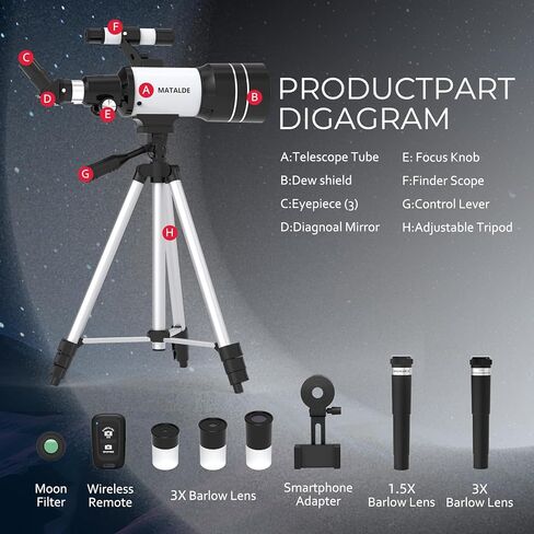 Telescope for Beginners & Kids, 70mm Aperture Refractor Astronomy Telescope with 300mm Focal Length, 15X-150X Magnification, Includes Full Accessory Kit & Tripod, Phone Adapter, Wireless Remote in Saudi Arabia