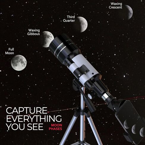 Telescope for Beginners & Kids, 70mm Aperture Refractor Astronomy Telescope with 300mm Focal Length, 15X-150X Magnification, Includes Full Accessory Kit & Tripod, Phone Adapter, Wireless Remote in Saudi Arabia