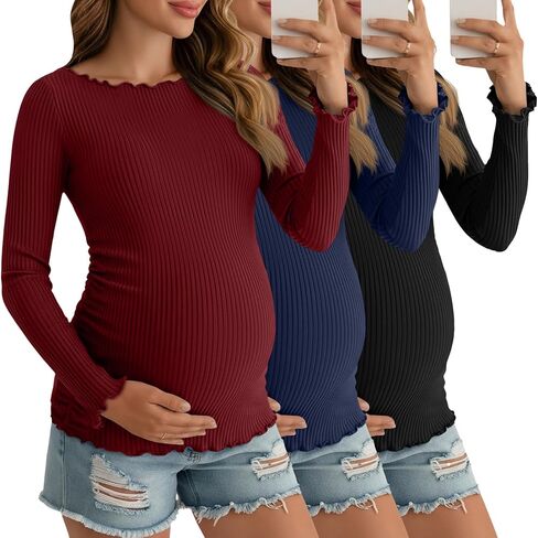 3 Pack Womens Maternity Shirts Cotton Long Sleeve Tops Lettuce Trim Boat Neck Pregnancy Ribbed Side Ruched Clothes in Saudi Arabia