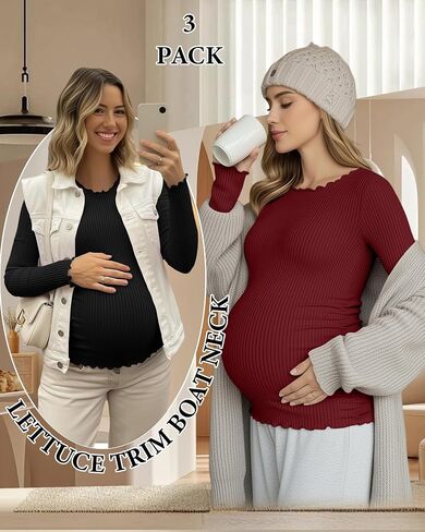 3 Pack Womens Maternity Shirts Cotton Long Sleeve Tops Lettuce Trim Boat Neck Pregnancy Ribbed Side Ruched Clothes in Saudi Arabia