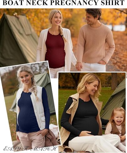 3 Pack Womens Maternity Shirts Cotton Long Sleeve Tops Lettuce Trim Boat Neck Pregnancy Ribbed Side Ruched Clothes in Saudi Arabia