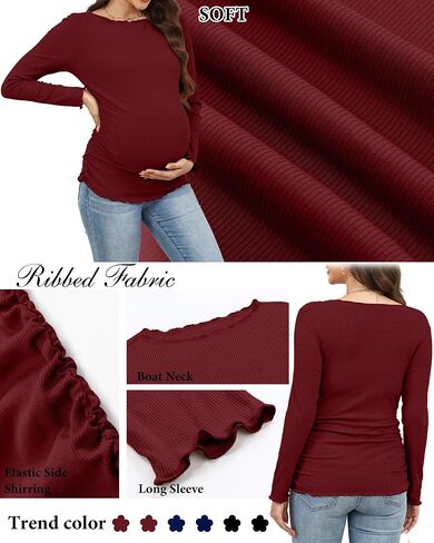 3 Pack Womens Maternity Shirts Cotton Long Sleeve Tops Lettuce Trim Boat Neck Pregnancy Ribbed Side Ruched Clothes in Saudi Arabia