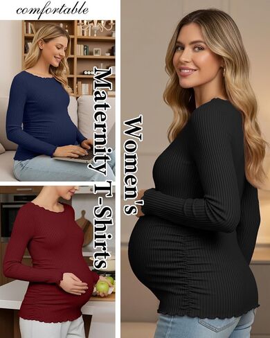 3 Pack Womens Maternity Shirts Cotton Long Sleeve Tops Lettuce Trim Boat Neck Pregnancy Ribbed Side Ruched Clothes in Saudi Arabia