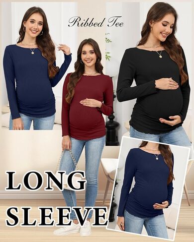 3 Pack Womens Maternity Shirts Cotton Long Sleeve Tops Lettuce Trim Boat Neck Pregnancy Ribbed Side Ruched Clothes in Saudi Arabia