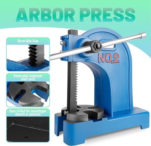 2 Ton Arbor Press with 3 Extra Drifts, Manual Arbor Press Reversible Ram, Heavy-duty Manual Desktop Arbor Press with Removable Steel Anvil 17.32" Height for Metal Cutting/Deforming (2T Blue) in Saudi Arabia