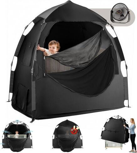 Black Out Tent for Pack and Play,Dual-Use Door Design,Light Blocking & Breathable Baby Blackout Tent,1-Click Setup,Portable Design,for Home&Travel,Included Fan,Peaceful Sleep in Saudi Arabia