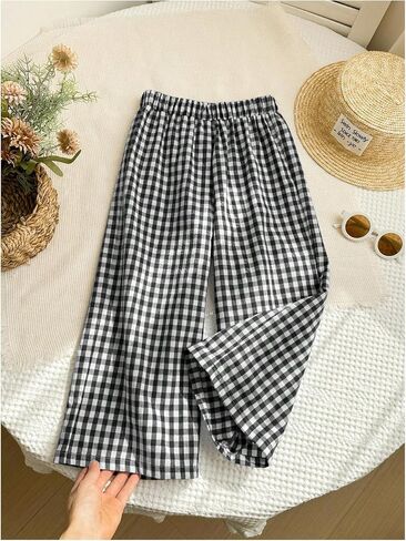 SOLY HUX Toddler Girl's Plaid Gingham Pants Elastic High Waisted Wide Leg Baggy Pants Casual Trousers in Saudi Arabia