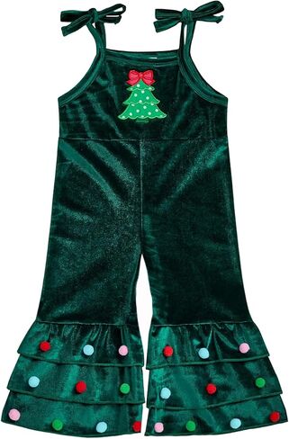Christmas Baby Girl Outfit Christmas Tree Sleeveless Velvet Romper Jumpsuit Bell Bottom Pants Toddler Fall Clothes in Saudi Arabia