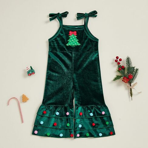 Christmas Baby Girl Outfit Christmas Tree Sleeveless Velvet Romper Jumpsuit Bell Bottom Pants Toddler Fall Clothes in Saudi Arabia