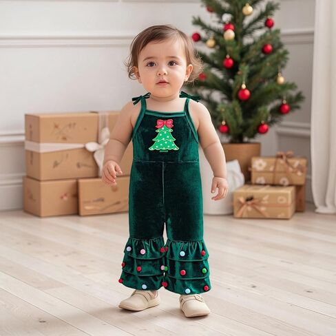 Christmas Baby Girl Outfit Christmas Tree Sleeveless Velvet Romper Jumpsuit Bell Bottom Pants Toddler Fall Clothes in Saudi Arabia