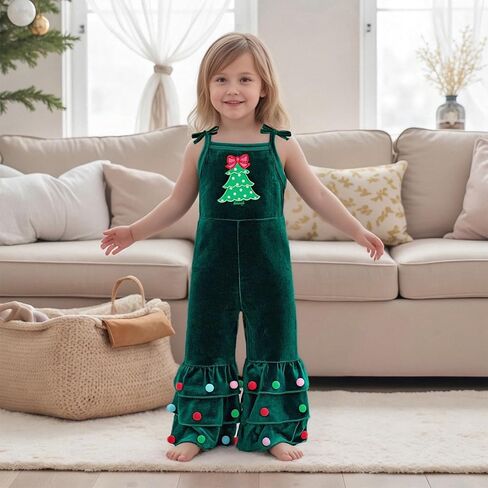 Christmas Baby Girl Outfit Christmas Tree Sleeveless Velvet Romper Jumpsuit Bell Bottom Pants Toddler Fall Clothes in Saudi Arabia