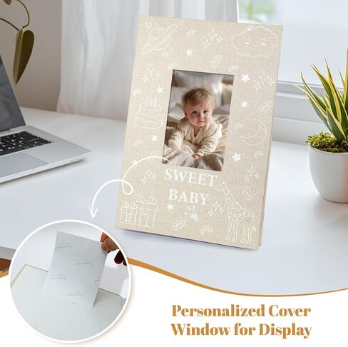 Baby Photo Album 4x6 300 Pockets with Memo Area & Hand and Footprint Kit, Linen Cover Slip-in Memory Book with Front Window, Acid-Free Keepsake for Newborn Boy Girl, First Year Moments in Saudi Arabia