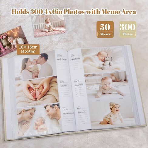 Baby Photo Album 4x6 300 Pockets with Memo Area & Hand and Footprint Kit, Linen Cover Slip-in Memory Book with Front Window, Acid-Free Keepsake for Newborn Boy Girl, First Year Moments in Saudi Arabia