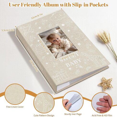 Baby Photo Album 4x6 300 Pockets with Memo Area & Hand and Footprint Kit, Linen Cover Slip-in Memory Book with Front Window, Acid-Free Keepsake for Newborn Boy Girl, First Year Moments in Saudi Arabia