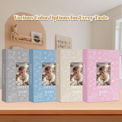 Baby Photo Album 4x6 300 Pockets with Memo Area & Hand and Footprint Kit, Linen Cover Slip-in Memory Book with Front Window, Acid-Free Keepsake for Newborn Boy Girl, First Year Moments in Saudi Arabia