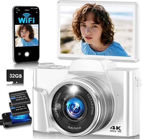 4K Digital Camera for Photography with WiFi,64MP Autofocus Vlogging Camera for YouTube,3'' 180° Flip Screen Compact Travel Camera for Teens with 32GB SD Card,16X Zoom,Anti-Shake,2 Batteries(Black) in Kuwait