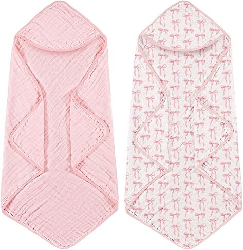2 Pack Pink Bow Baby Towels for Newborn 100% Muslin Cotton Baby Bath Towel with Hood for Babies, Infant, Toddler and Kids, Large 32x32inch, Soft and Absorbent Kids Essential in Saudi Arabia