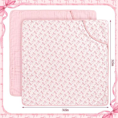2 Pack Pink Bow Baby Towels for Newborn 100% Muslin Cotton Baby Bath Towel with Hood for Babies, Infant, Toddler and Kids, Large 32x32inch, Soft and Absorbent Kids Essential in Saudi Arabia