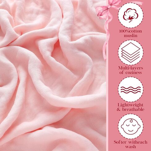 2 Pack Pink Bow Baby Towels for Newborn 100% Muslin Cotton Baby Bath Towel with Hood for Babies, Infant, Toddler and Kids, Large 32x32inch, Soft and Absorbent Kids Essential in Saudi Arabia