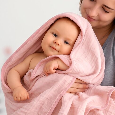 2 Pack Pink Bow Baby Towels for Newborn 100% Muslin Cotton Baby Bath Towel with Hood for Babies, Infant, Toddler and Kids, Large 32x32inch, Soft and Absorbent Kids Essential in Saudi Arabia